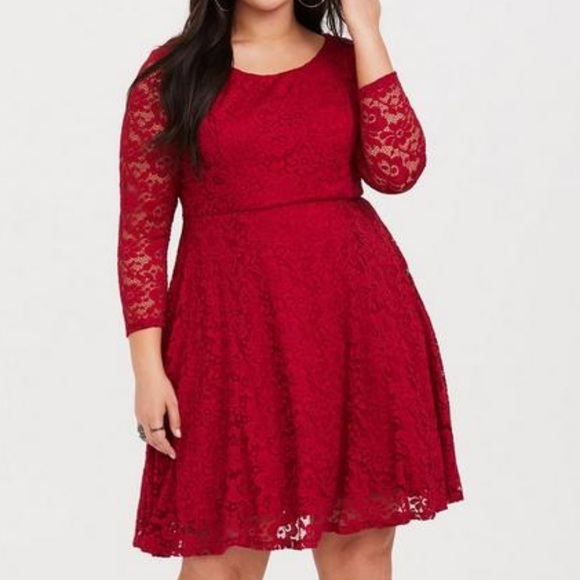 torrid Dresses & Skirts - TORRID Red Lace Skater Sz 4 Mini Dress stretch 3/4 Sleeve. Tulle lining.